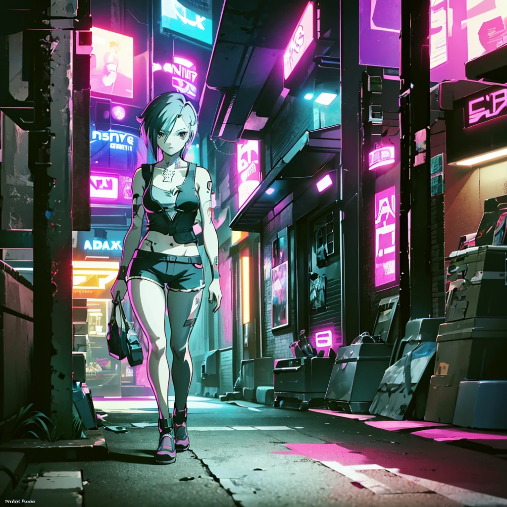 Here is a midjourney AI art prompt for Judy Álvarez in an anime cartoon style:
Judy Álvarez, a skilled braindance techie and Mox gang member, with long black and white hair, a black tank top, and colorful tattoos. She has a determined expression and is holding a futuristic braindance headset. The background is a neon-lit alleyway in Night City's Watson district. Render in an anime cartoon style with vibrant colors, high detail, and a masterpiece quality. Produce in 8K resolution for maximum sharpness.
