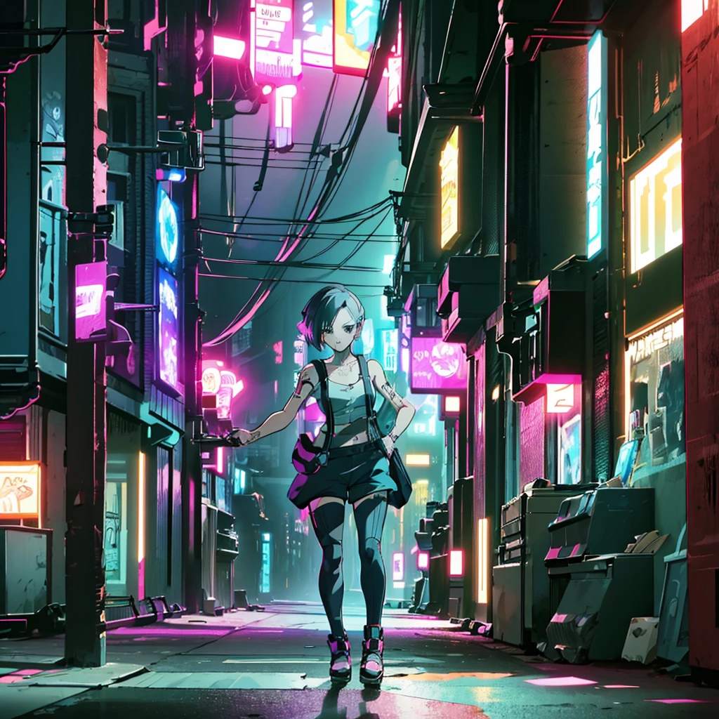 Here is a midjourney AI art prompt for Judy Álvarez in an anime cartoon style:
Judy Álvarez, a skilled braindance techie and Mox gang member, with long black and white hair, a black tank top, and colorful tattoos. She has a determined expression and is holding a futuristic braindance headset. The background is a neon-lit alleyway in Night City's Watson district. Render in an anime cartoon style with vibrant colors, high detail, and a masterpiece quality. Produce in 8K resolution for maximum sharpness.
