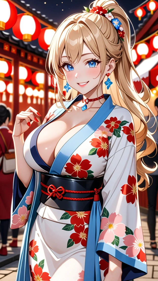 ultra-detailed, ((one girl)), hyper detailed, absurdres, 8K, Beautiful Face, (Laugh shyly), ((teasing smile:1.8)), ((Wink:1.8)), (Laugh with your mouth wide open),(Tilt your head:1.3), View your viewers, ((Bright red cheeks:1.6)),Glossy Red Lips, ((Big Breasts:1.5)) night, Shrine festival stalls, (Brighten your face), ((Anime style background)),masterpiece, Highest quality, so beautiful,Latest, Complex details, (Pink long nails), (nail art), (ring),(bracelet), (Floral Choker),AI-generated, Complex,High resolution, Highest quality, super high quality,3D Images、3D Images,One person,Blonde long hair,(High Ponytail), (Wavy Hair), Anime woman posing for a photo, ((beautiful eyes)), ((Fine grain、blue eyes、Shining Eyes:1.6)), (Squint your eyes:1.1),a hyperRealistic , hyperRealistic , Realistic,Long blonde anime woman, Smooth anime CG art, Pink large floral patternの刺繍が入った、A girl in a gorgeous kimono, ((White long-sleeved kimono)),(Pink large floral pattern) ,Long flower hair ornament,Floral Earrings,Mature Body, expensive,Abdominal muscles,Tight waist,((Zoom in on face:2.1)), (front view),