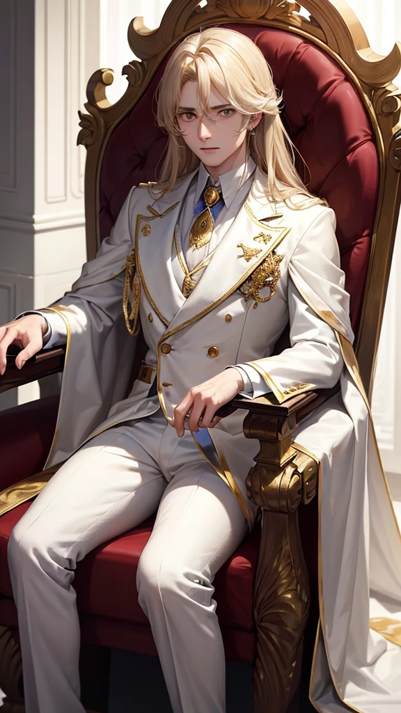 With a golden back hair，The hair is on the back，Eyes jewel colored，There is still hatred in his eyes，Wearing a white suit is very elegant，The boy sitting on the throne, covered in blood and full of hatred