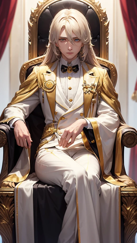 With a golden back hair，The hair is on the back，Eyes jewel colored，There is still hatred in his eyes，Wearing a white suit is very elegant，The boy sitting on the throne, covered in blood and full of hatred