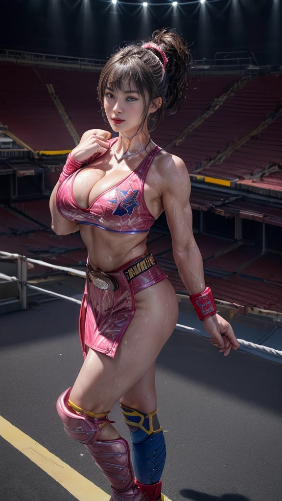 nsfw、Female professional wrestler、((Championship Belt))、expensive、smile、((In the Ring))、((Spotlight))、(((Big stadium)))、((Super big breasts))、((Super tight costume))、Wristband、(((Aggressive, outlandish and flashy costumes)))、((Elbow guard))、(Shin guard)、I can see your muscles、Hairstyle with bangs、((Sweat))、((Match venue))、Very beautiful woman、((Female Athletes))、(Detailed face)、Realistic Skin、((Delicate photo)),(Girl masterpiece RAW photo details:1.25), (Highest quality:1.6), (Ultra-high resolution:1.5), (Realistic:1.75), 8K resolution,50mm, Absurd, Super detailed,Cinema Lighting、