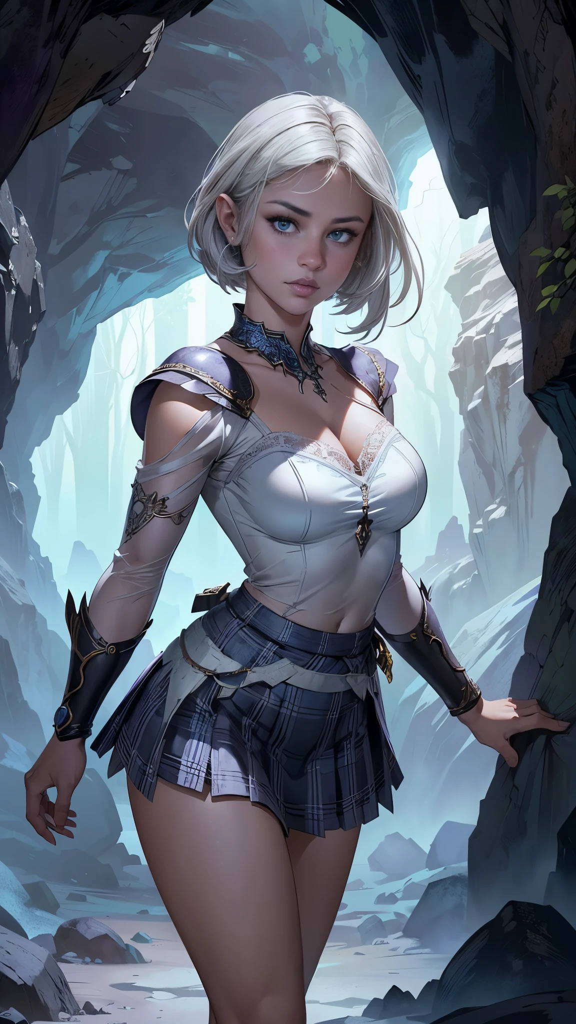 (La Best Quality,A high resolution,ultra-detailed,actual),Selena Gomez con falda corta de cuadros blanca shein , and a white plaid crop top , ,(Hallway background of a high school :1.4 ),(White gray hair :1.4), 8K more detailed.unreal engine:1.4,UHD,La Best Quality:1.4, photorealistic:1.4, skin texture:1.4, Masterpiece:1.8,first job, Best Quality,object object], (detailed facial features:1.3),(The correct proportions),(beautiful blue eyes),  (cowboy pose),( Selena Gomez :1.4), (shein white plaid short skirt :1.4), Estilo de epic fantasy art HD, 4K fantasy art, epic fantasy digital art style, epic fantasy art style, fantasy woman, epic fantasy art portrait, epic fantasy style, hyperrealistic fantasy art, fantasy art in high definition, Epic fantasy character art., epic fantasy art, in dark fantasy art style, epic fantasy digital art, (perfect ??????? :1.4), (student  style :1.4), (background large wild plants hallway school :1.4), (white transparent lace style :1.4), (background big stones cave cavern lava school hallway :1.4), (fantasy spooky enchanted forest night :1.4), (cowboy pose), (skirt lifted by itself: 1.1), (skirt lift: 1.3), (showing white panties: 1.3), (face detailed :1.4) 