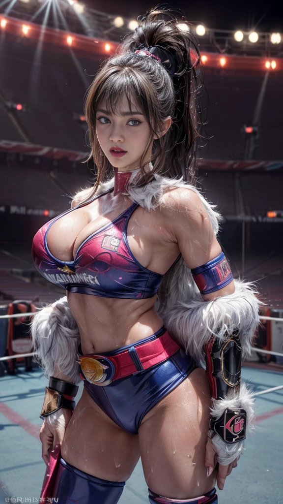 nsfw、Female professional wrestler、((Championship Belt))、expensive、smile、((In the Ring))、((Spotlight))、(((Big stadium)))、((Super big breasts))、((Super tight costume))、Wristband、(((Aggressive, outlandish and flashy costumes)))、((Elbow guard))、(Shin guard)、I can see your muscles、Hairstyle with bangs、((Sweat))、((Match venue))、Very beautiful woman、((Female Athletes))、(Detailed face)、Realistic Skin、((Delicate photo)),(Girl masterpiece RAW photo details:1.25), (Highest quality:1.6), (Ultra-high resolution:1.5), (Realistic:1.75), 8K resolution,50mm, Absurd, Super detailed,Cinema Lighting、