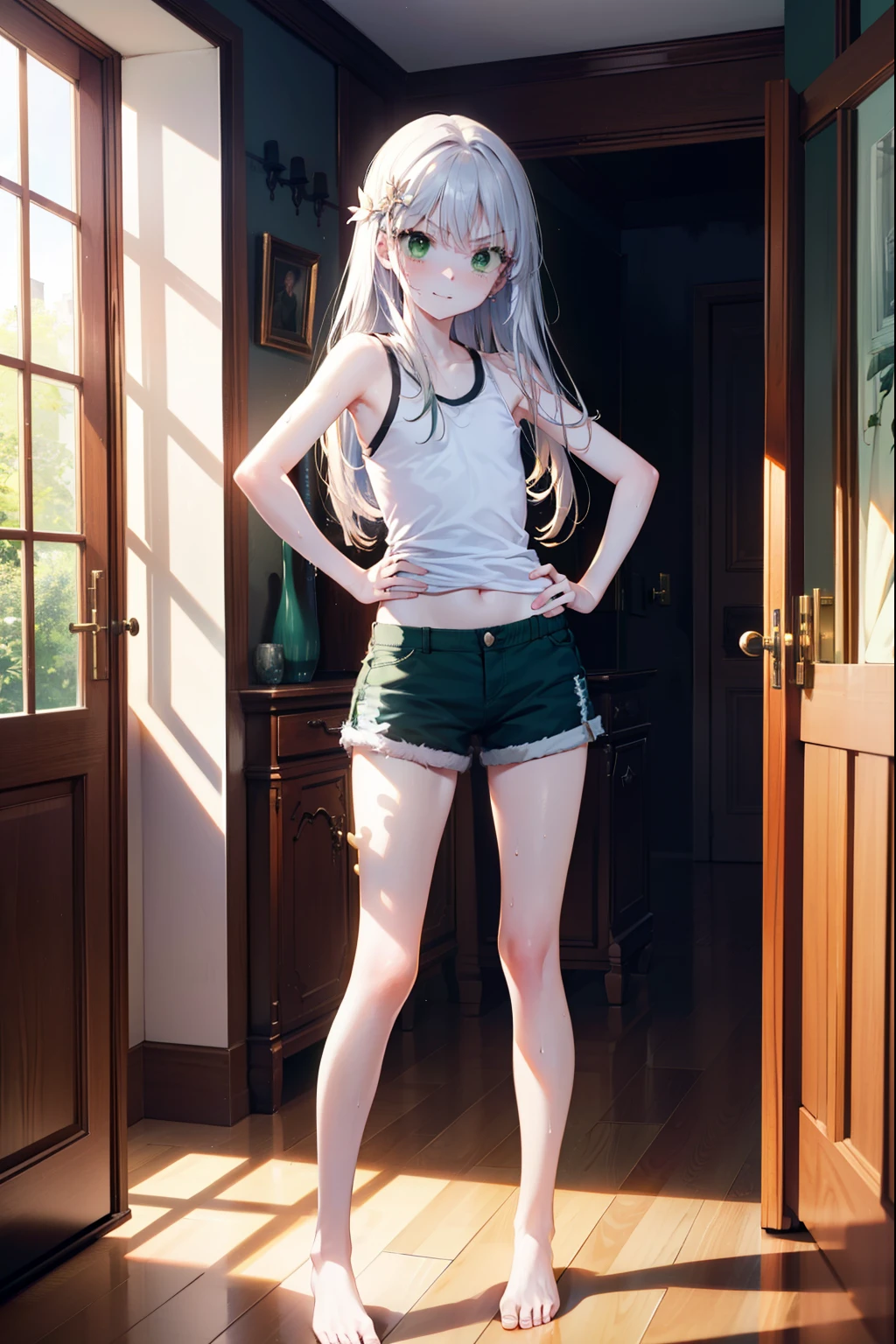 index, index, (Green Eyes:1.5), Silver Hair, Long Hair, (Flat Chest:1.2),smile,Angry,Sweat,Transparent white,Tank top,Shorts,barefoot,barefoot,Place your hands on your hips,Standing with your legs apart,
break looking at viewer, whole body,
break indoors, Home,entrance,
break (masterpiece:1.2), Highest quality, High resolution, unity 8k wallpaper, (figure:0.8), (Beautiful attention to detail:1.6), Highly detailed face, Perfect lighting, Highly detailed CG, (Perfect hands, Perfect Anatomy),