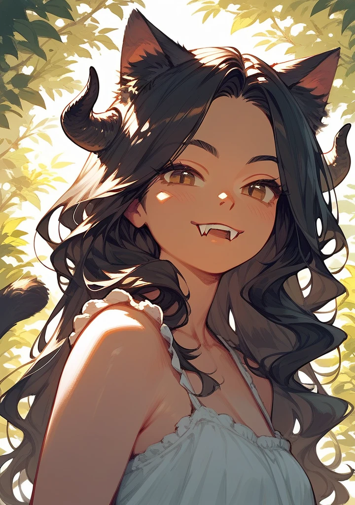 Half body, A beautiful woman, long wavy black hair, brown eyes, casual clothing, cat ears and tail, fangs, horns 