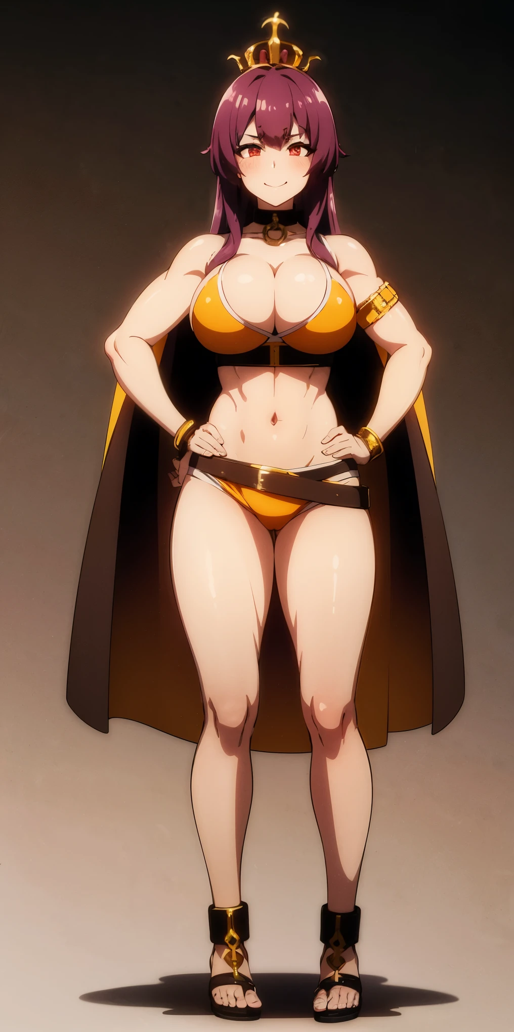 ((BLACK BACKGROUND,1:2, masterpiece)) full body MILF BIMBO standing with two long thighs and two metal sandals, red eyes, two-tone hair, brown hair, purple hair, long messy style hair, big breasts, cleavage, separate sleeves, tiara royal, long cape up to two feet, yellow bikini, hands on waist, navel, toned body, lustful smirking smiling, smile face (red blushed, red cheeks), metal shoulders, gold sleeveless armbands, black leather choker slave collar (leather choker with big golden bell), shackle bracelets, red crest, pauldrons, breastplate, leather corset, eye focus, full body, whole body, 1solo, loincloth standing, hands on hips, big belt, view from below, feet together, bracers, tiara)