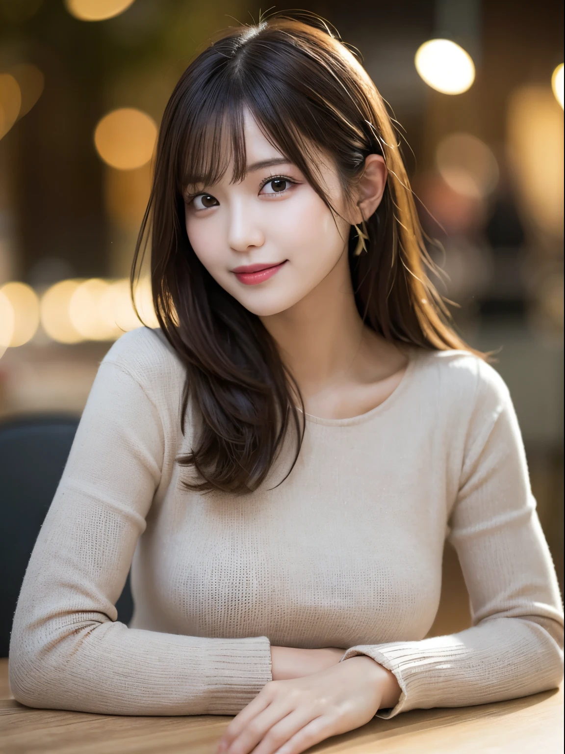 On the table, Highest quality, realism, Fine details, High resolution, 8k wallpaper, Perfect dynamic composition, Beautiful and delicate eyes, Medium Straight Hair, Casual and sexy pose,Random Situation、Light black tight knit sweater、(Beautiful breasts overflowing 1.3)、Bright smile、Bokeh、nature、Age 25、(Droopy Eyes 1.3)、Adult Beauty、Japanese