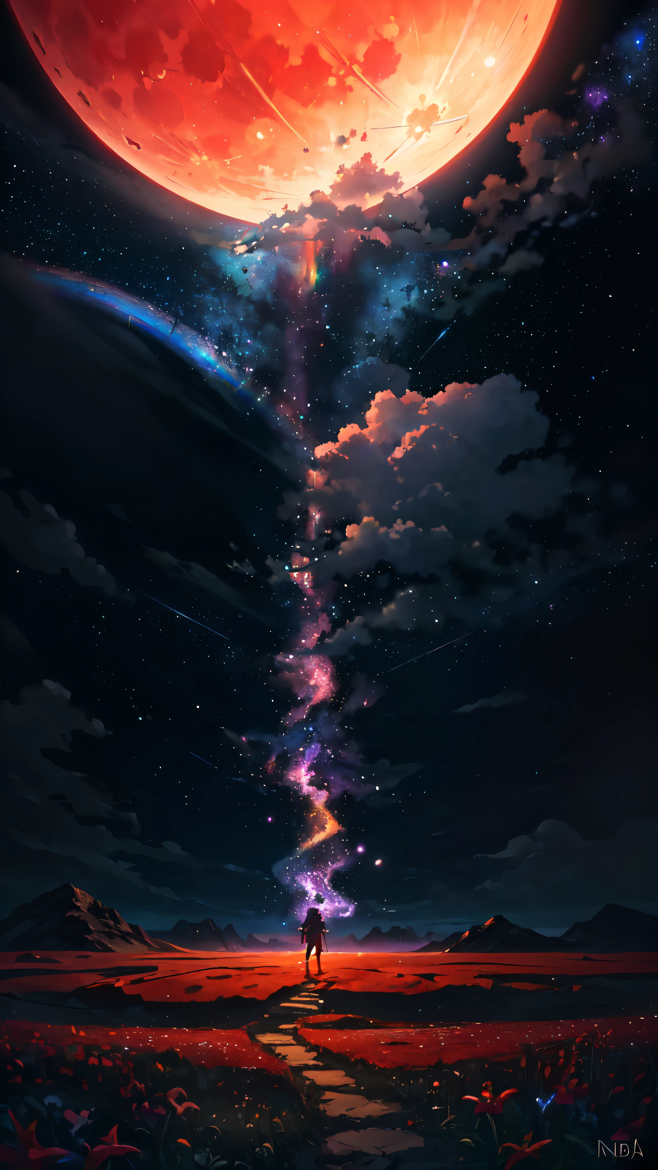 Vast landscape photography , (A view from below, with the sky above and the wide fields below), A girl standing in a flower field looking up, (full moon:1.2), ( shooting star:0.9), (nebula:1.3), Distant Mountain, Treebreak Production Art, (Warm light source:1.2), (fire Fly:1.2), lamp, Lots of purple and orange, Intricate details, Volumetric lighting, Realism BREAK
(masterpiece:1.2), (Highest quality), 4K, Super detailed, (Dynamic configuration:1.4), Very detailed, Colorful details,( Rainbow colors:1.2), (Shining Lights, Atmospheric lighting), dream-like, Magic, (alone:1.2)