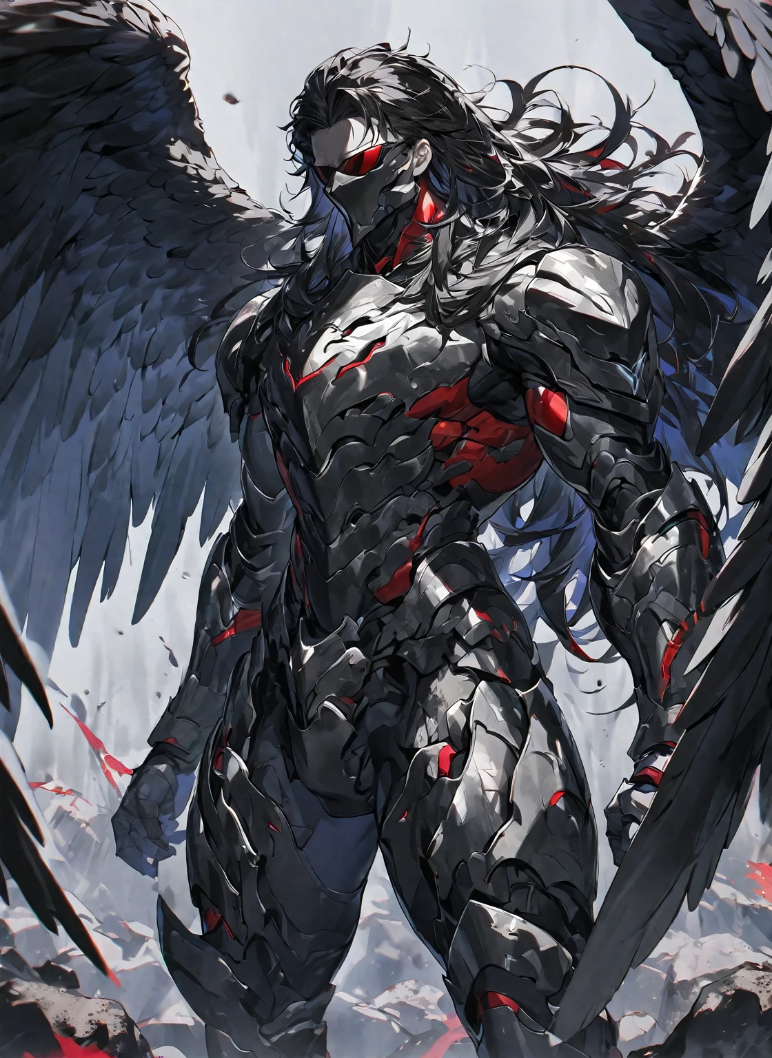 Best quality, One, beautiful, 1 man, tall man, with a sporty body, V-shaped body, wide shoulders, black detailed armor with bright white details, 10 black feathered wings, long hair, Black hair covered with dirt and Charcoals, neon white pupils (white eyes), against the background Black miasma with shades of red
