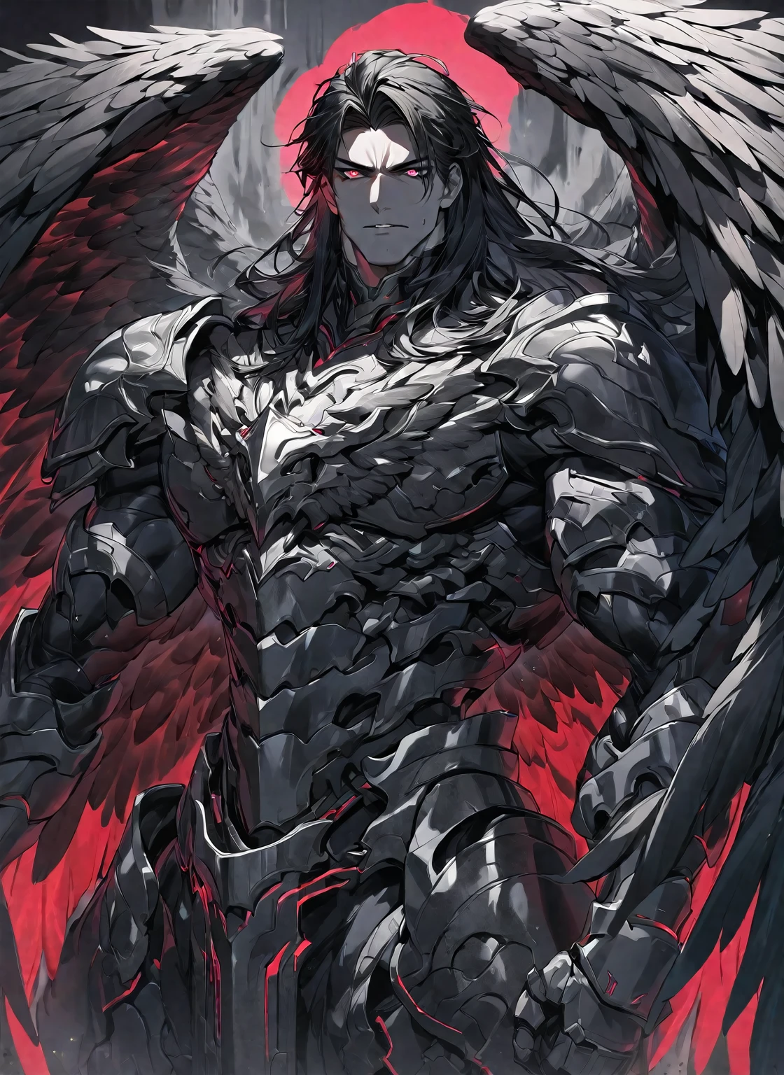 Best quality, One, beautiful, 1 man, tall man, with a sporty body, V-shaped body, wide shoulders, black detailed armor with bright white details, 10 black feathered wings, long hair, Black hair covered with dirt and Charcoals, neon white pupils (white eyes), against the background Black miasma with shades of red