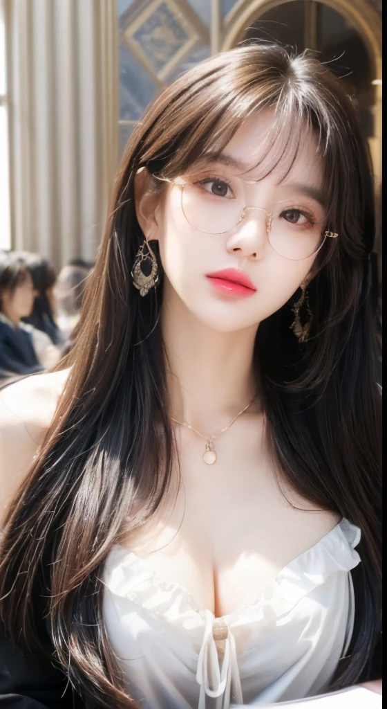 (((Brown long hair))), (The Louvre Museum), The pose is seductive, (Surrealism), (illustration), (Improve resolution), (8 Kurds), (Extremely detailed), (Best illustration), (Beautiful and delicate eyes), (best quality), (Ultra Detailed), (On the table ), ( wallpaper), (Delicate face), Solitary, 1 female, Fine details, Delicate face, Deep Shadows, Low profile, Purebred face_v1, 微lol, 46 points side bangs、Big necklace、Big earrings、lol、Fine-rimmed glasses、Very y woman,Exquisite。(Slim waist) :1.3)、ol uniform))、Beautiful and smooth skin、Texture、Flowing hair,Black Silk