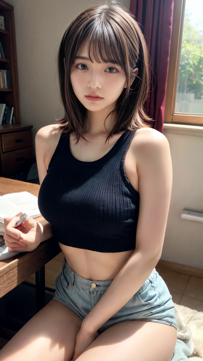 masterpiece, best quality, illustration, Super detailed, fine details, High resolution, 8K,wall paper, perfect dynamic composition,(Details High quality, realistic depiction of eyes:1.3), short hair, (wavy hair:1.2), tanktop, Erotic shorts, Layered Cut, black hair color, Big Natural Color Lip, (living room, Studying at a desk), crying a little、cold gaze, Harajuku style、20 year old girl、cute type、ta, Gravure Idol, full body photo、focus on crotch, very heavy chest