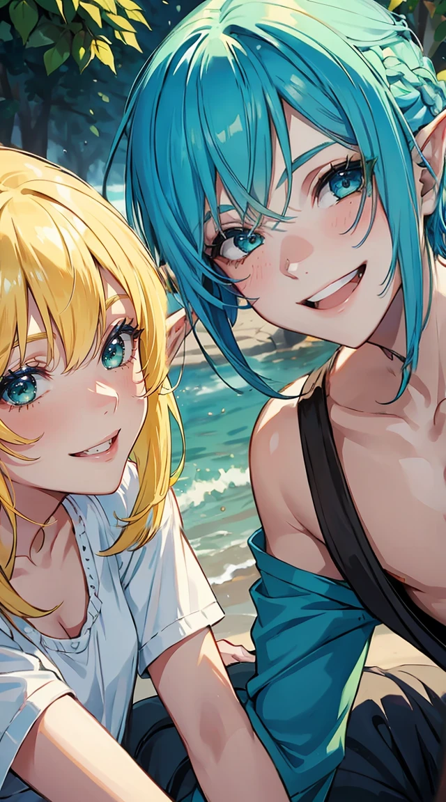 girl with blue hair playing with a blond haired green eyed elf boy, close friends, smiling, laughing, younger
