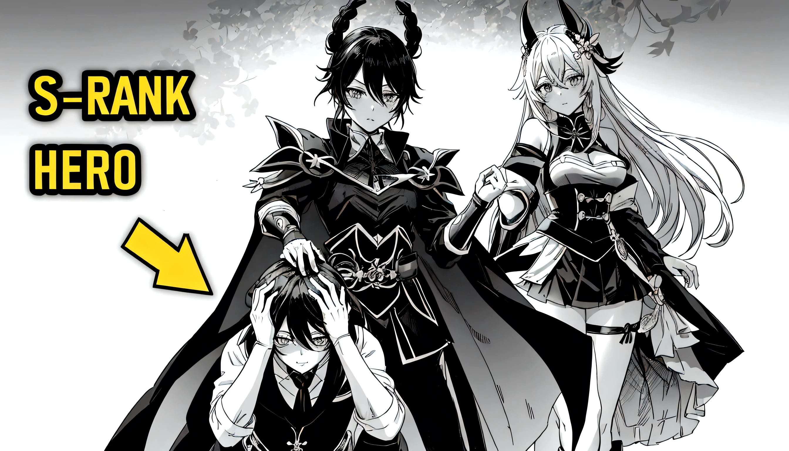 anime characters dressed in black and white with a yellow arrow pointing to them, black and white manga comic, black and white manga, black and white manga panel, isekai manga panel, black and white manga style, genshin impact character, video game genshin impact, genshin, shadowverse style, black and white manga page, award winning manga style