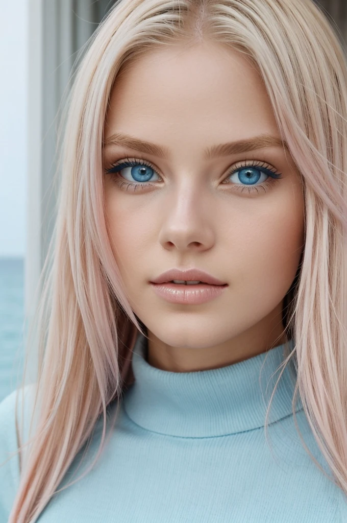 Blonde hair, light blue eyes, the color of the sea, peaceful look with pastel pink lips.