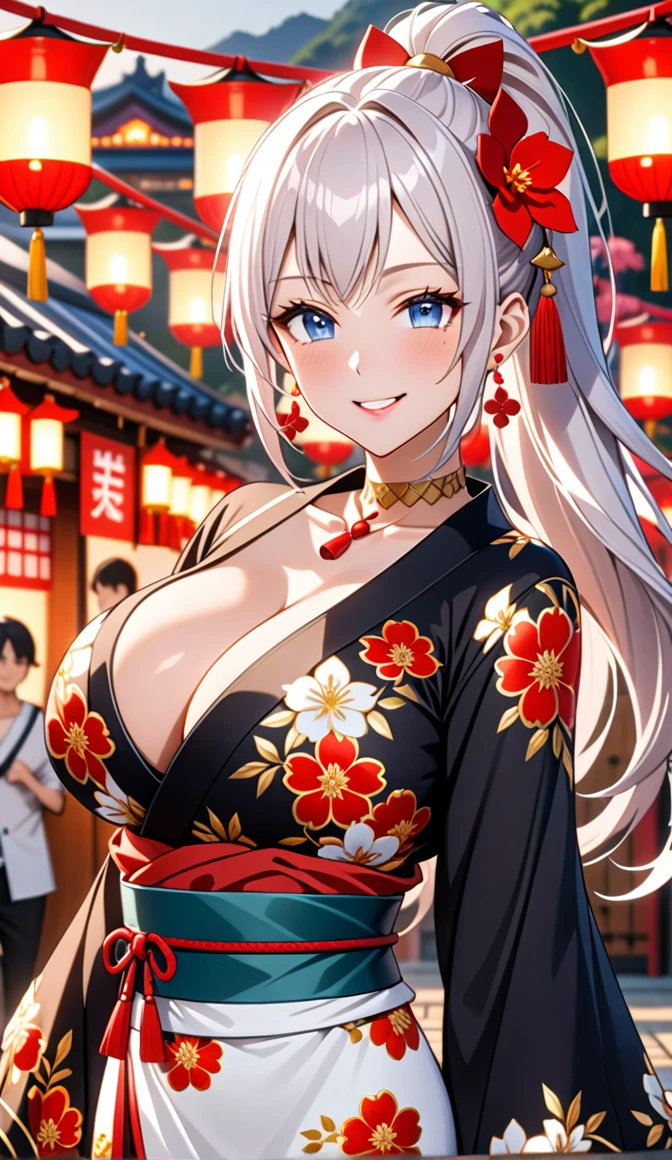 ultra-detailed, ((one girl)), hyper detailed, absurdres, 8K,Cute face, (Laugh shyly), ((teasing smile:1.8)), ((Wink:1.8)), (Laugh with your mouth wide open:1.3),(Tilt your head:1.3), View your viewers, ((Bright red cheeks:1.6)),Glossy Red Lips, ((Big Breasts:1.5)) night, Shrine festival stalls, (Brighten your face), ((Anime style background)),masterpiece, Highest quality, so beautiful,Latest, Complex details, (Pink long nails), (nail art), (ring),(bracelet), (Floral Choker),AI-generated, Complex,High resolution, Highest quality, super high quality,3D Images、3D Images,One person,Long white hair,(High Ponytail), Anime woman posing for a photo, (beautiful eyes), ((Silvery white eyes:1.1)), ((Fine grain、Blue eyes、glistening eyes:1.5)), (Squint your eyes:1.1),a hyperRealistic , hyperRealistic , Realistic,Anime woman with long white hair, Smooth anime CG art, With gold embroidery、A girl in a gorgeous kimono, ((Black long sleeve kimono:1.3)),(Red large floral pattern) ,Long flower hair ornament,Floral Earrings,Mature Body, expensive,Abdominal muscles,Tight waist,((Zoom in on face:2.1)),(front view),