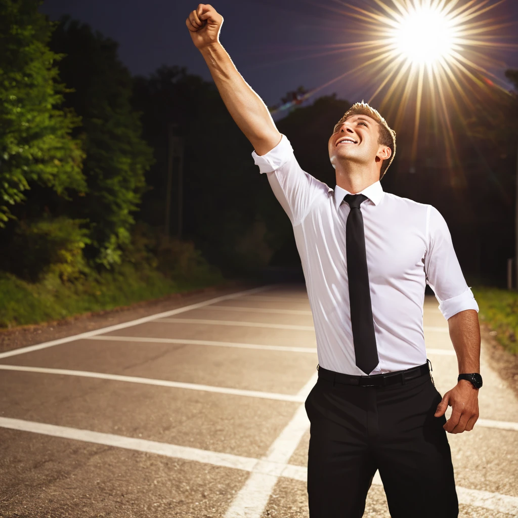 1 man in a white shirt, black tie, and black trousers, looking up at the sky with a happy expression, (best quality,4k,8k,highres,masterpiece:1.2),ultra-detailed,(realistic,photorealistic,photo-realistic:1.37),man reaching finish line, dramatic lighting, vibrant colors, cinematic composition, rule of thirds, leading lines, depth of field, dramatic shadows, cinematic lens flare, warm lighting, heroic pose, triumphant victory, celebration, achievement, success, accomplishment, determination, perseverance, overcoming challenges, inspirational, uplifting, motivational