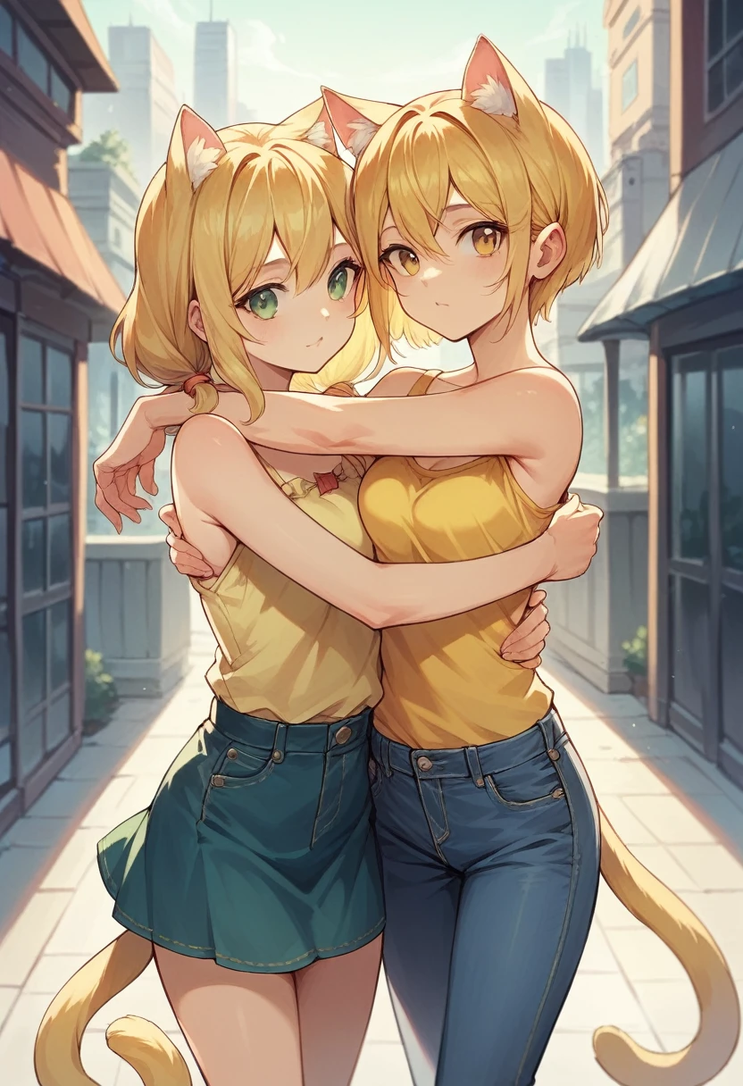 (( straight face picture )) ((best quality)),  ((Masterpiece)), (details), Young woman ,cat ears ,yellow hair , Follow the green color, hug the cat. ,Yellow shirt with open shoulders , jeans skirt , has a tail ,city
