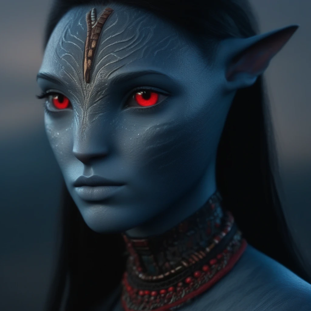 (face portrait), na'vi, female, (red eyes), ((big detailed alien eyes)), ((eyebrowless)), ((pointy ears)), (gray skin tone), (straight hair), black hair color, ((short hair)), (hair with bangs), (young adult), 18 years old, face wrinkles, ((wearing tribal clothing with bones)), (wearing tribal acessories), detailed eyes, dragon scales stripes all over skin, toned body, muscled body, ethereal atmosphere, surrealistic dreamy lighting, textured skin, otherworldly beauty, mesmerizing photography, (best quality, highres), vivid colors, ultrarealistic, skin details, sfw, face close-up,ultradetailed body, (blueish grey skin), dark background, vulcanic lands background