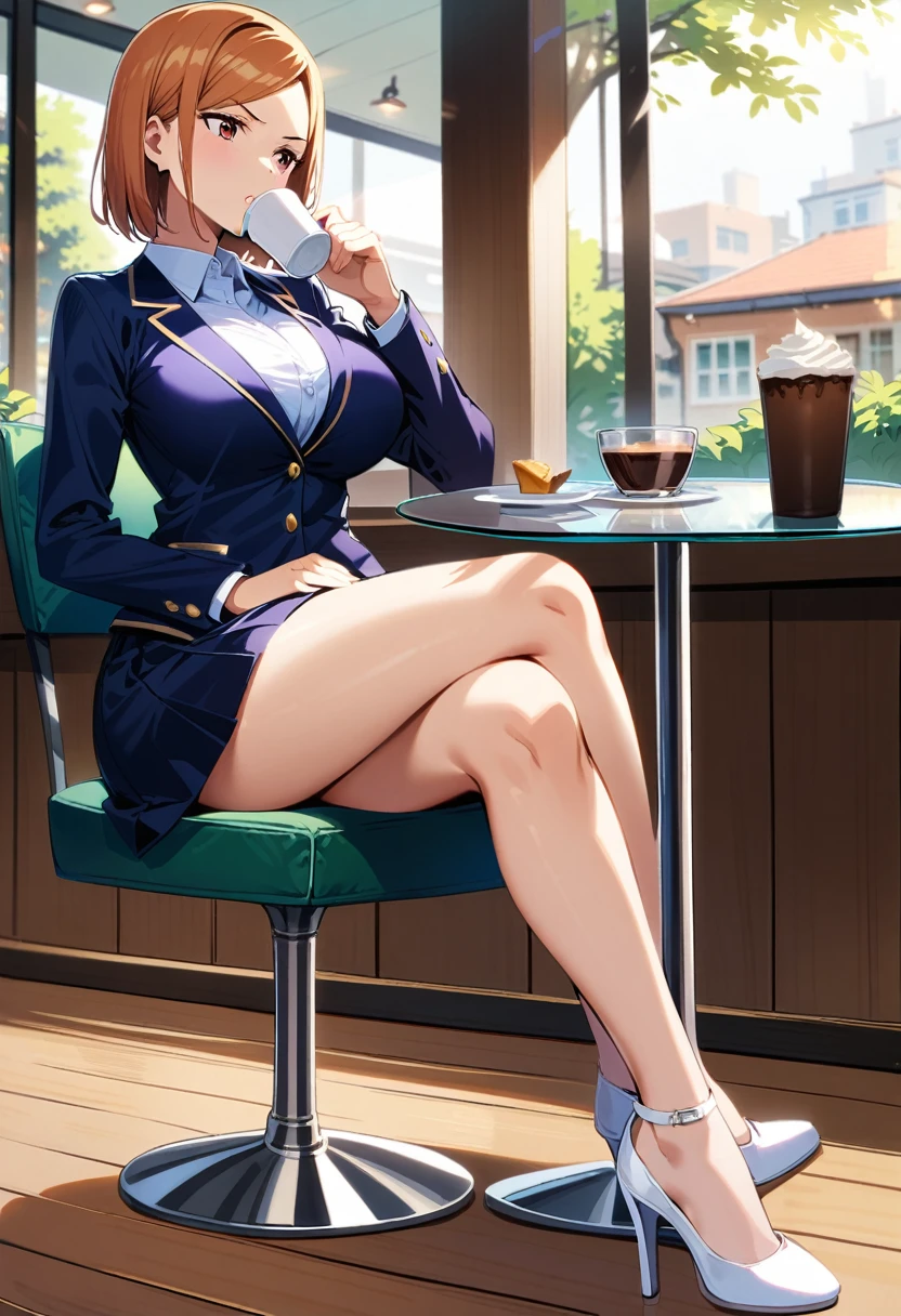 nobara kugisaki,teacher uniform,cafe, sitting on chair, glass table,drinking coffee,sexy, crossed legs,white heels, large breasts 