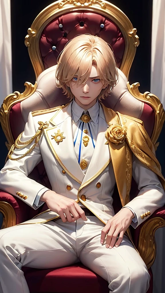 With short golden hair,The hair is on the back,Eyes jewel colored,There is still hatred in his eyes,Wearing a white suit is very elegant,The boy sitting on the throne, covered in blood and full of hatred