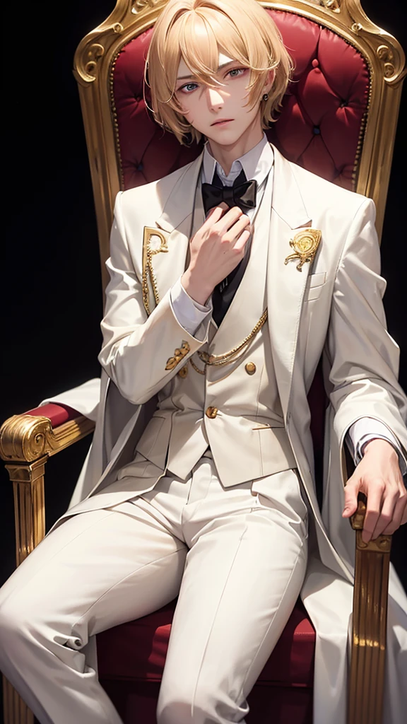 With short golden hair,The hair is on the back,Eyes jewel colored,There is still hatred in his eyes,Wearing a white suit is very elegant,The boy sitting on the throne, covered in blood and full of hatred