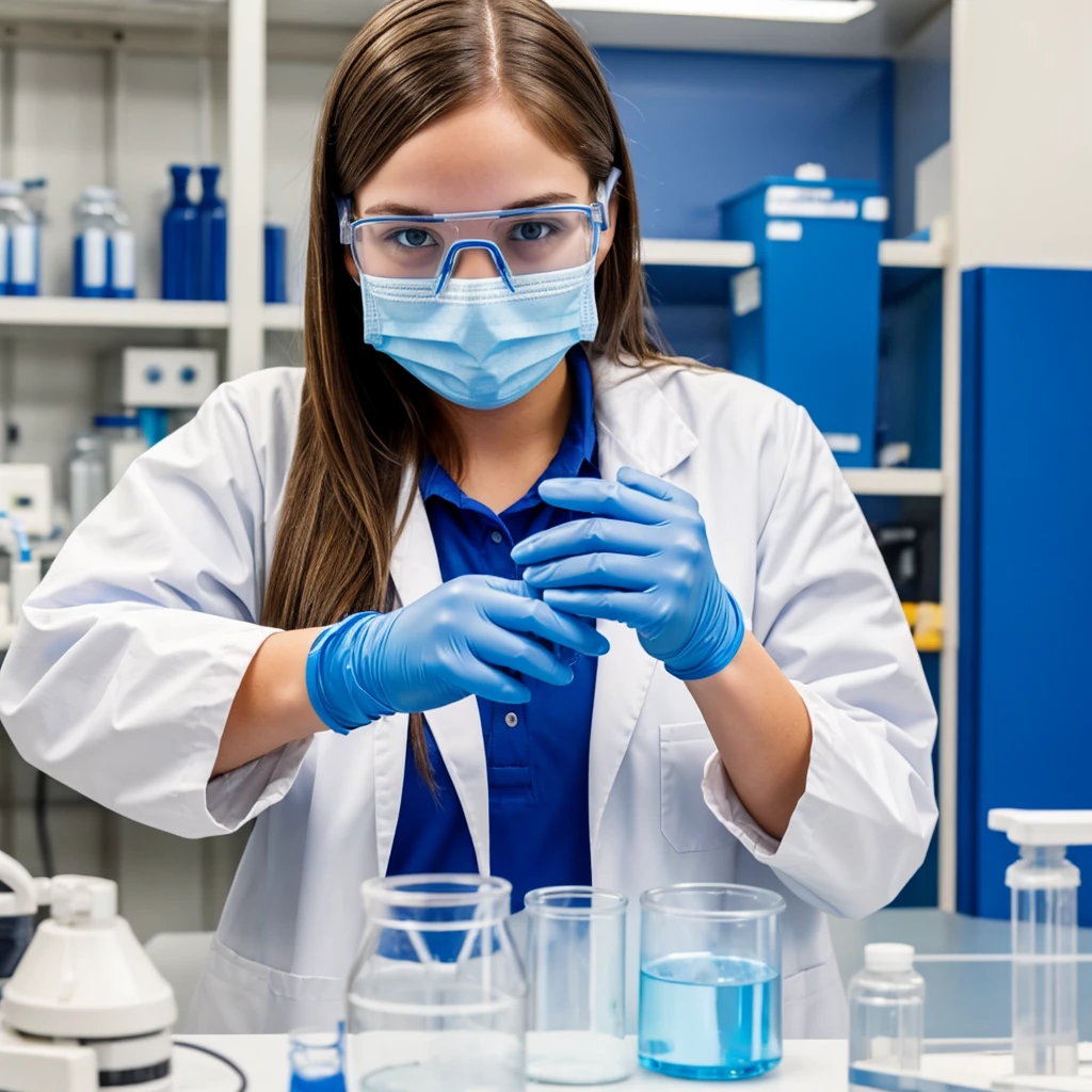 white high school girl with brown straight hair wearing blue nitrile gloves, safety goggles, and a white coat in a lab