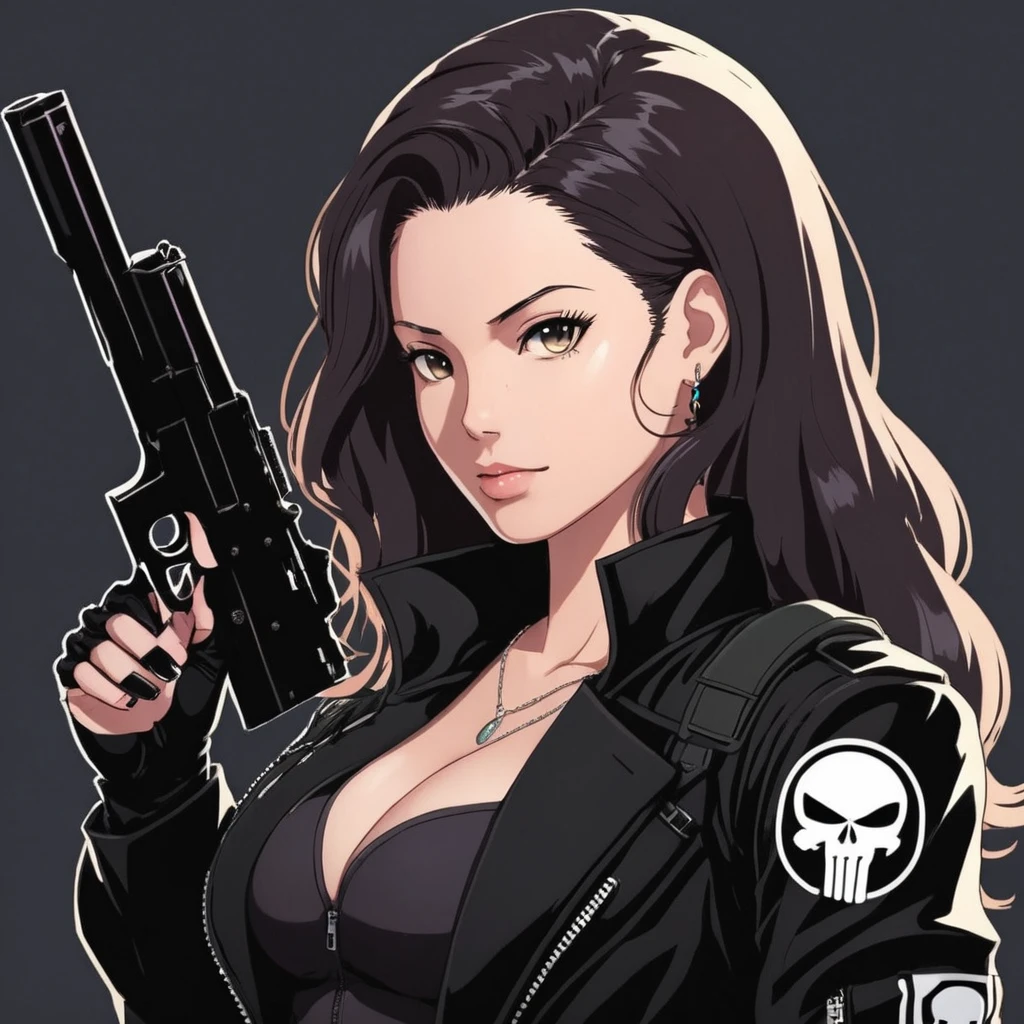 anime artwork of a punisher woman in a black punisher coat holding a gun anime manga girl style, anime style, key visual, vibrant, studio anime, highly detailed