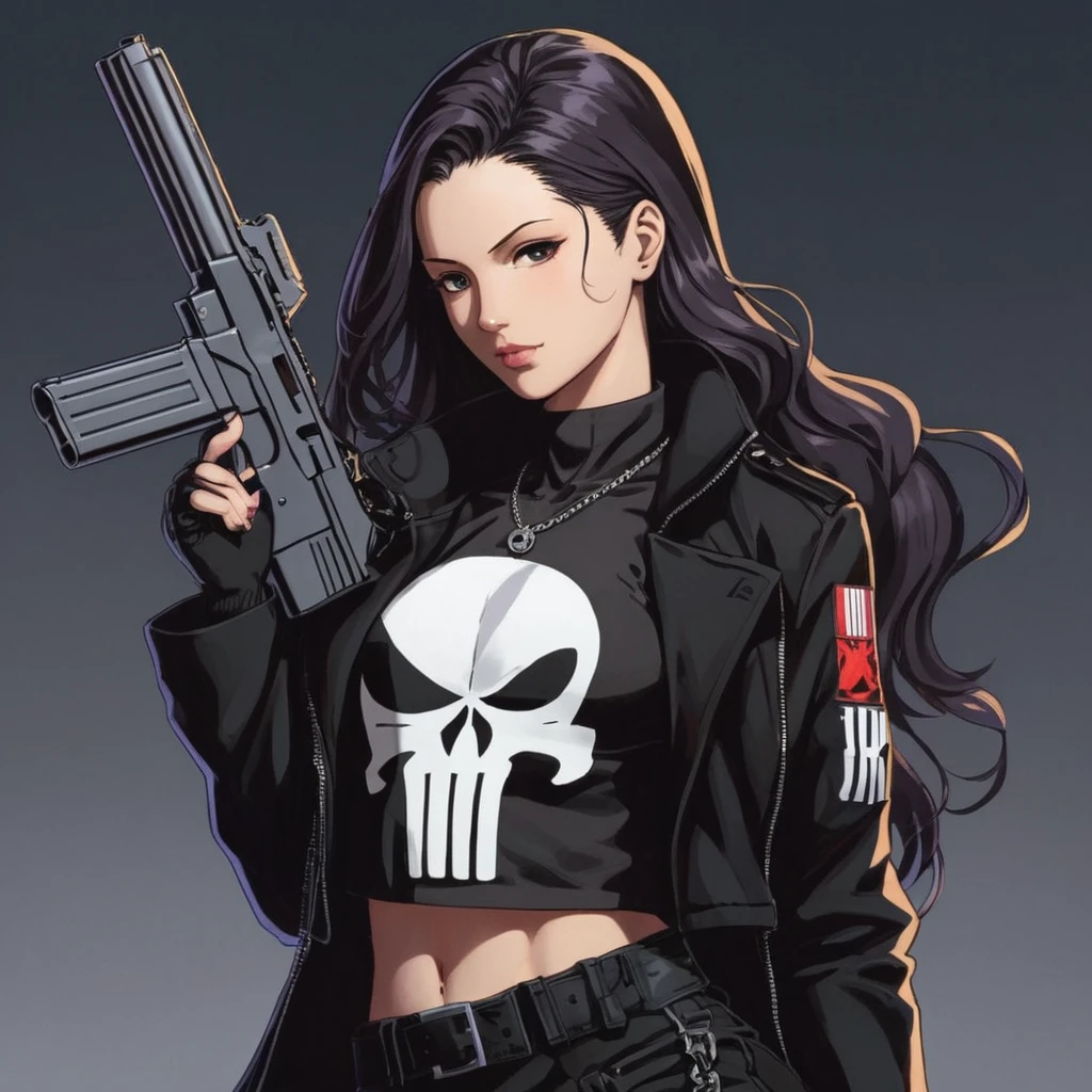 anime artwork of a punisher woman in a black punisher coat holding a gun anime manga girl style, anime style, key visual, vibrant, studio anime, highly detailed