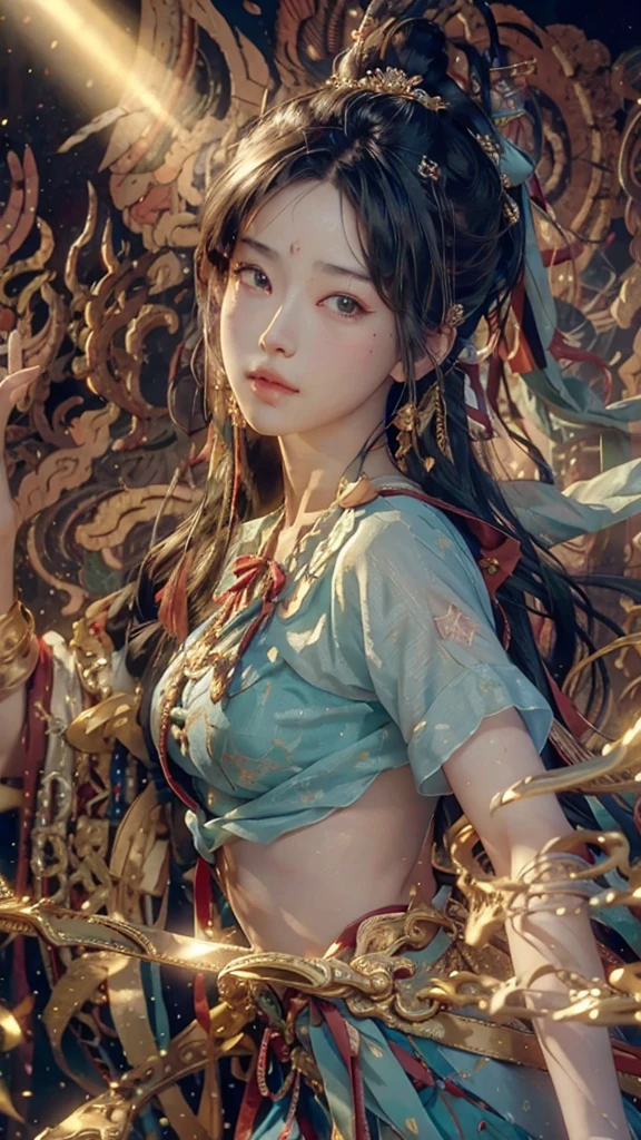 (RAW Photos, Highest quality), (Realistic, photo-Realistic:1.3),Highest quality,Very detailed,masterpiece,Super detailed,figure,One girl,upper_body,Dynamic Angle,world masterpiece theater,Messy_length_hair,Highest quality,Very detailed CG ユニティ 8k 壁紙,ink,wonderful,Cinema Lighting,lens_Flare, Dunhuang_style