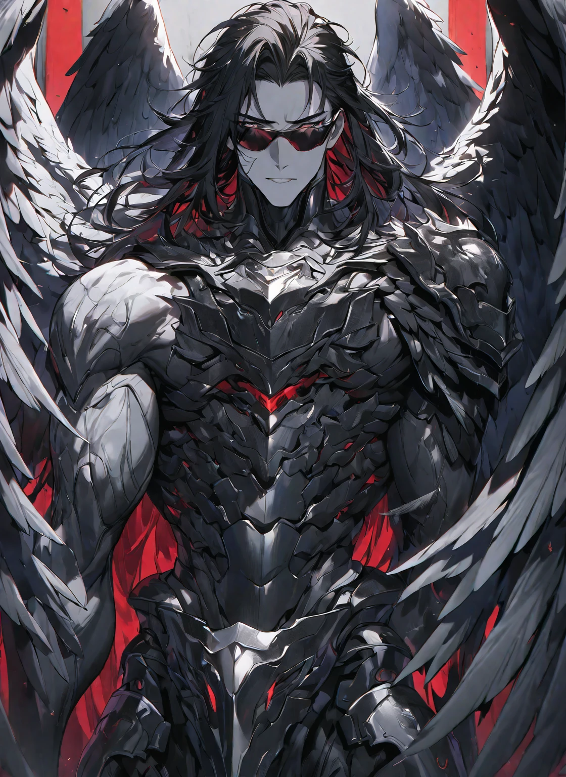 Best quality, One, beautiful, 1 man, tall man, with a sporty body, V-shaped body, wide shoulders, black detailed armor with bright white details, 10 black feathered wings, long hair, Black hair covered with dirt and Charcoals, neon white pupils (white eyes), against the background Black miasma with shades of red
