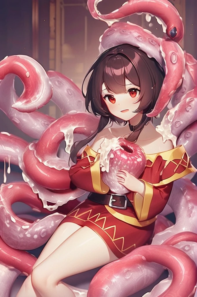 ((Лучшее качество)), ((шедевр)), (подробный), Naked Megumin, tentacles, in cum