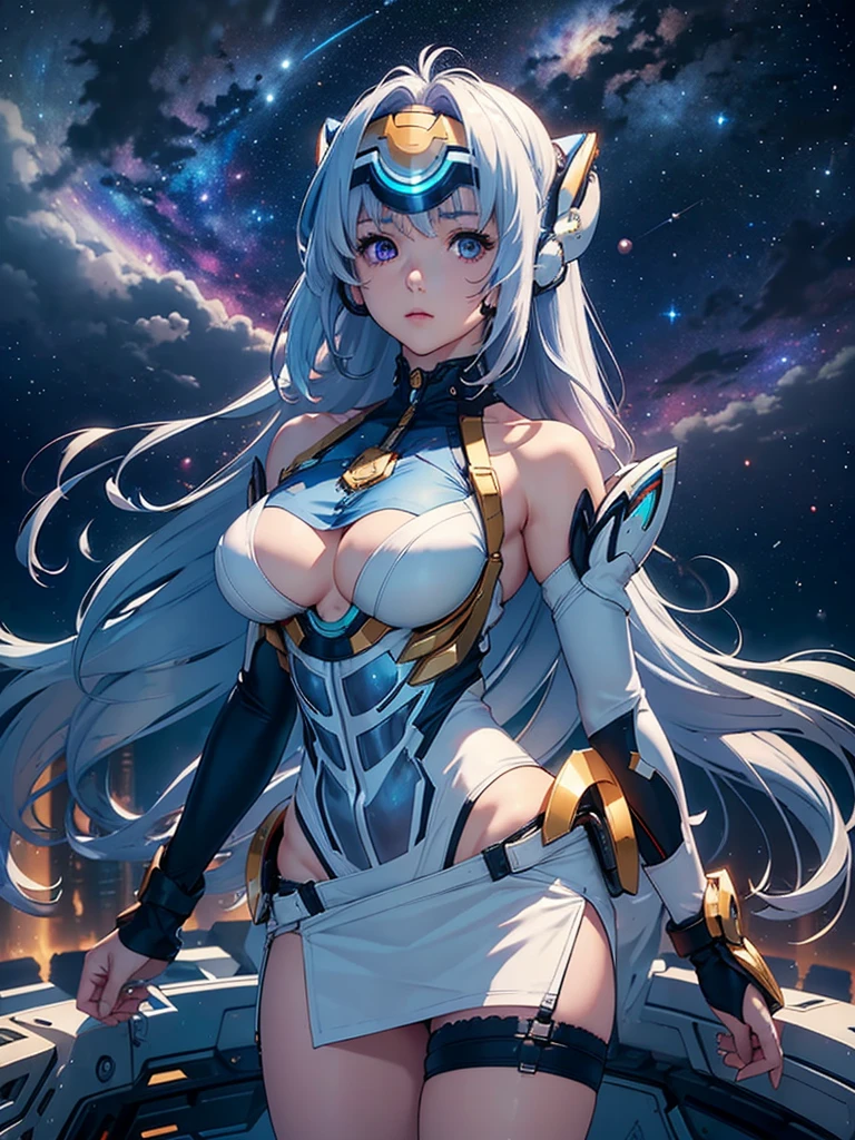 (masterpiece:1.3), (8K、photorealistic, Raw photo, best quality:1.4), (solo), one girl, (((kos-mos))), beautiful face, Beautiful face with perfect symmetry, cute face, (beautiful light blue long hair), With bangs, There is a visor on the forehead, beautiful purple eyes, perfect anatomy, (high detail skin: 1.2), natural breast, Beautiful thighs, Natural buttocks, white costume, mini skirt, costume with open chest, Clothes that look like 6 pack abs, Stars and planets can be seen in outer space, standing on the deck of a spaceship, perfect lighting, focus only, perfect anatomy,Front view,