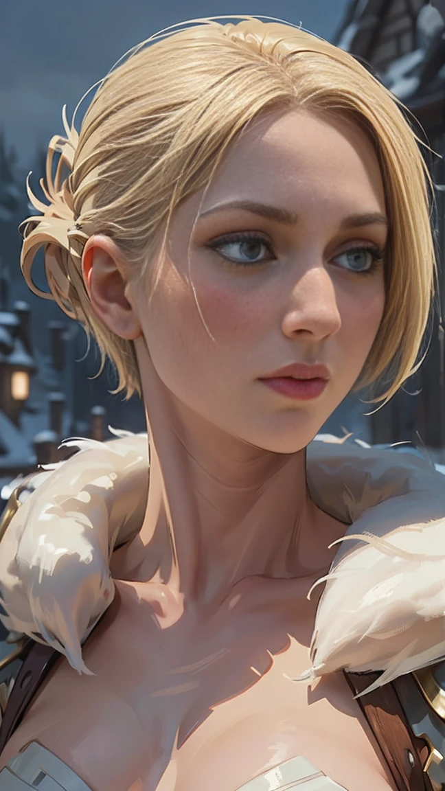 masterpiece, best quality, (full body shot,,moon),Masterpiece, 1girl, solo exhibition, beautiful woman, , beautiful goddess girl portrait, beautiful and detailed face, porcelain skin, (((bust shot, center, night, blonde hair, short hair)), super soft lighting, symmetry, complexity, elegance, high detail, realism, art, concept art, Nordic female warrior, amazing body, athletic, curvy, fur armor, snowy scenery 