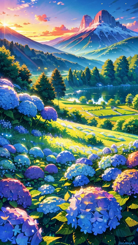 masterpiece,best quality, hydrangea flower field,depth of field, dawn,blue sky, sunrise,glow,lake summer time, green leaves , mountain ((tileset))