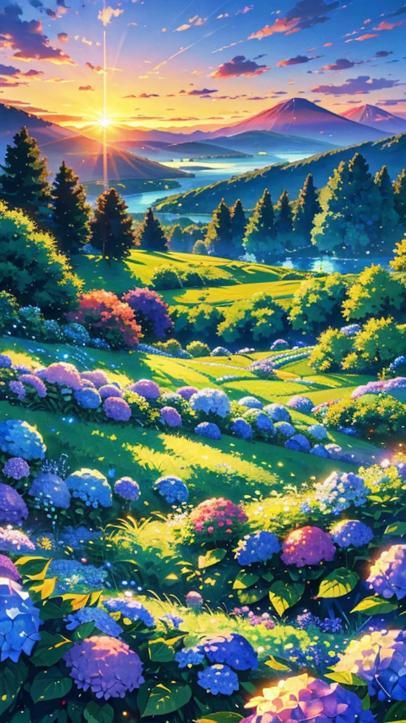masterpiece,best quality, hydrangea flower field,depth of field, dawn,blue sky, sunrise,glow,lake summer time, green leaves , mountain ((tileset))
