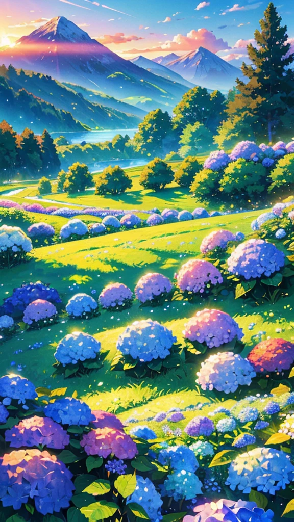 masterpiece,best quality, hydrangea flower field,depth of field, dawn,blue sky, sunrise,glow,lake summer time, green leaves , mountain ((tileset))