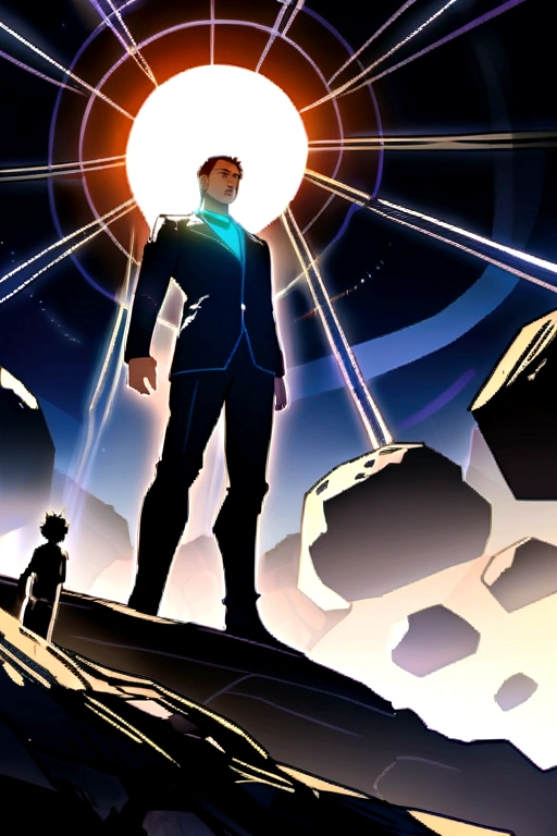 Draw a young programmer, sitting on a research platform floating in the middle of an asteroid belt. He is studying with a notebook, surrounded by several asteroids glowing with fiery auras. Dramatic lighting from distant stars and planets illuminates the scene, casting deep shadows on the suit. The young man looks confident and determined, looking at the vast and mysterious universe with wonder and respect,facial hair, cowboy shot,