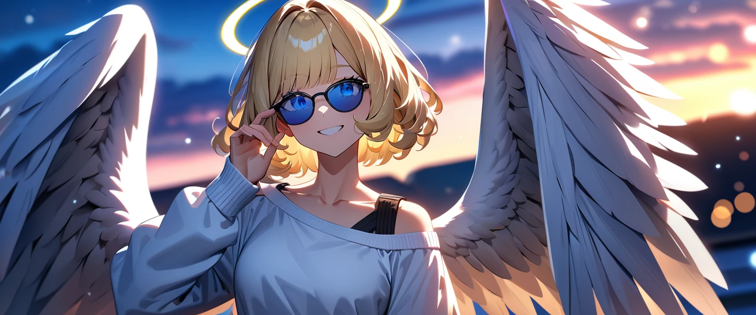 ((flying in the sky)), ((angel, big big white wings:1.3, halo:1.3)), ((sky)), (((sunglasses, hand to sunglasses))), (((cowboy shot))), archangel Uriel, ((wavy hair, inward curled hair)), evening, Sunset, ((blond hair, bob cut:1.3)), breasts, teenager, (looking at viewer), oversized clothes, puffy long sleeves, collarbone, ((off-shoulder sweater:1.3, Quite thick shoulder straps)), ((white sweater)), collarbone, head tilt:1.3, (((blue eyes))), ((happy smile)), (((anime style))), (best quality, 4K, 8K, highres, masterpiece:1.2, ultra-detailed, ultra-detailed eyes, HDR, uhd, studio lighting, ultra-fine painting, sharp focus, physically-based rendering, extreme detail description, professional, vivid colors, bokeh)