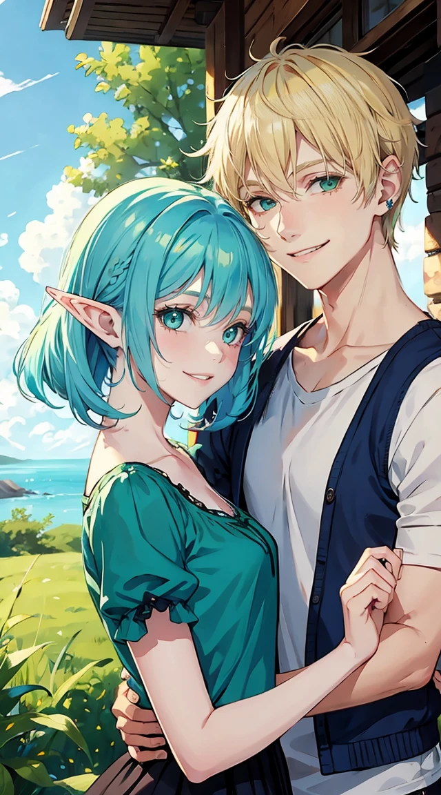 girl  with blue hair playing with a blond haired green eyed  elf boy, close friends, smiling, laughing, younger