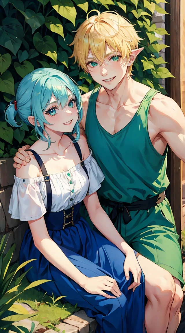 girl with blue hair playing with a blond haired green eyed elf boy, close friends, smiling, laughing, younger