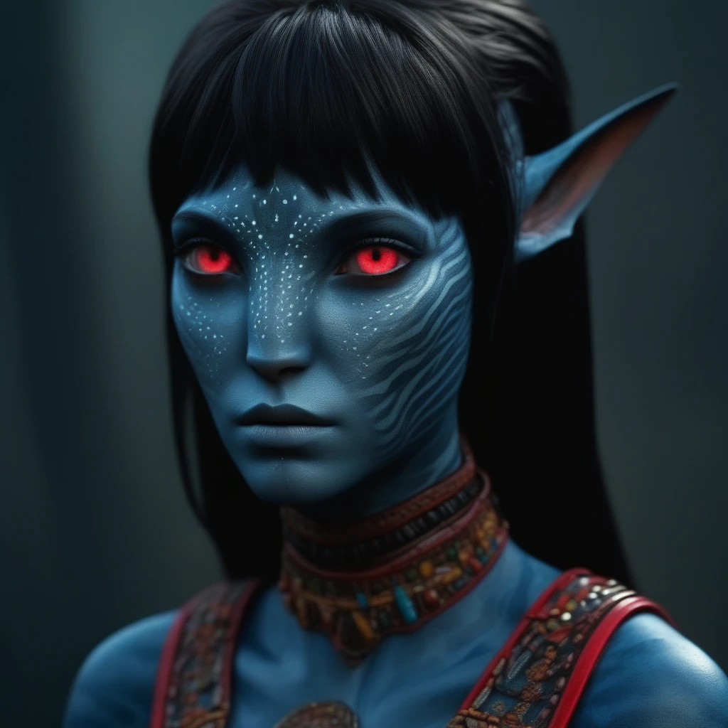 (face portrait), na'vi, female, (red eyes), ((big detailed alien eyes)), ((eyebrowless)), ((pointy ears)), (gray skin tone), (straight hair), black hair color, ((short hair)), (hair with bangs), (young adult), 18 years old, face wrinkles, ((wearing tribal clothing with bones)), (wearing tribal acessories), detailed eyes, dragon scales stripes all over skin, toned body, muscled body, ethereal atmosphere, surrealistic dreamy lighting, textured skin, otherworldly beauty, mesmerizing photography, (best quality, highres), vivid colors, ultrarealistic, skin details, sfw, face close-up,ultradetailed body, (blueish grey skin), dark background, vulcanic lands background