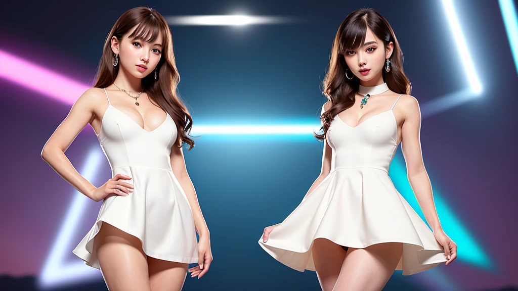 8K, Tabletop, RAW Photos, Highest quality, Realistic, Highly detailed CG Unity 8K wallpaper, Depth of written boundary, Cinematic Light, Lens flare, Ray Tracing, (Very beautiful face, Beautiful Lips, Beautiful Eyes), Exquisitely detailed face, ((Highly detailed skin)) One Girl, In the Dark, Deep Shadow, Cute Korean Girl, K-Pop Idols, 1 Girl, (Very slim and slender fit muscular body:1.3), ((View your viewers)),(Big smile:1.3), (Midnight, Dark Night, (Neon Signs), (Blurred Background), Dim Light), (No people in the background:1.3), Beautiful earrings, bracelet, necklace, pantyhose, Clear Eyes, walking , Front shot, (Pale skin), (Big eyes), Look forward, (Full Body Shot), (Brown Hair), Open belly button, (View your viewers:1.3), Very slim, Medium chest, (Camel Toe), Thick thighs, Turn back, (Fluttery mini dress), ((White Collar Dress)), (Tight Skirt), ((Backtrack, Buckshot)), Ultra mini skirt, Exposed buttocks, Upper Shot