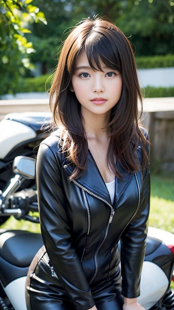 Close-up of a cute Japanese girl riding a motorcycle、Leather jumpsuit、Big bike with sidecar、