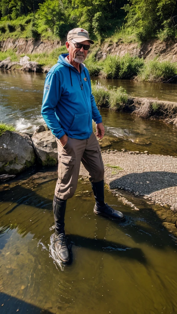 55 year old man fishing in the river possndo for a photo