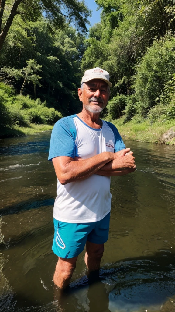 55 year old man fishing in the river possndo for a photo