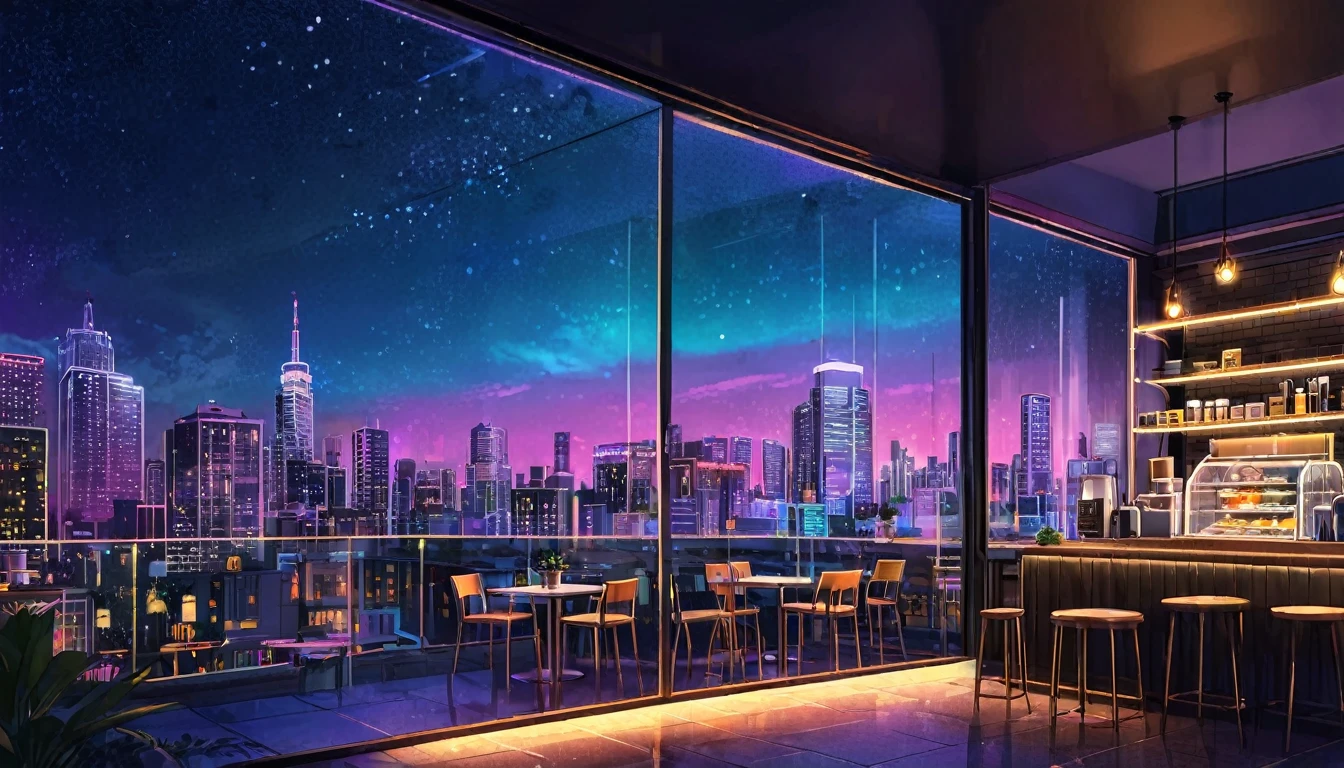 Digital illustration of an angle looking inside a glass-walled coffee shop from the outside。Outside the window, a beautiful night view of the city spreads out.、The neon lights of the buildings shine、it&#39;s raining。Raindrops dripping on the window pane、The street lights are reflected in a fantastic way。On the inside of the glass、A view of the interior of the coffee shop, decorated with antique-style furniture.。The interior features wooden tables and chairs.、Antique lamps are placed。Overall, the atmosphere is calm、It depicts a fantastic scene seen from the outside.。
