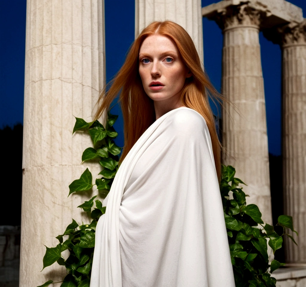ultra-realistic Close-up shot from the front, portrait photos, windy, a cool smart keen green eye Blonde eyelashes bare-faced rosy fair skin big-boned model with (simple Straight Straight Straight ultra-long ultra-long ultra-long shiny ginger hair) in simple white Draped Cloak over simple white Draped robe. The scene is overgrown Ivy coils around the white marble columns of an ancient Greek temple. soft cinematic foggy lighting, pale blue tone, night.