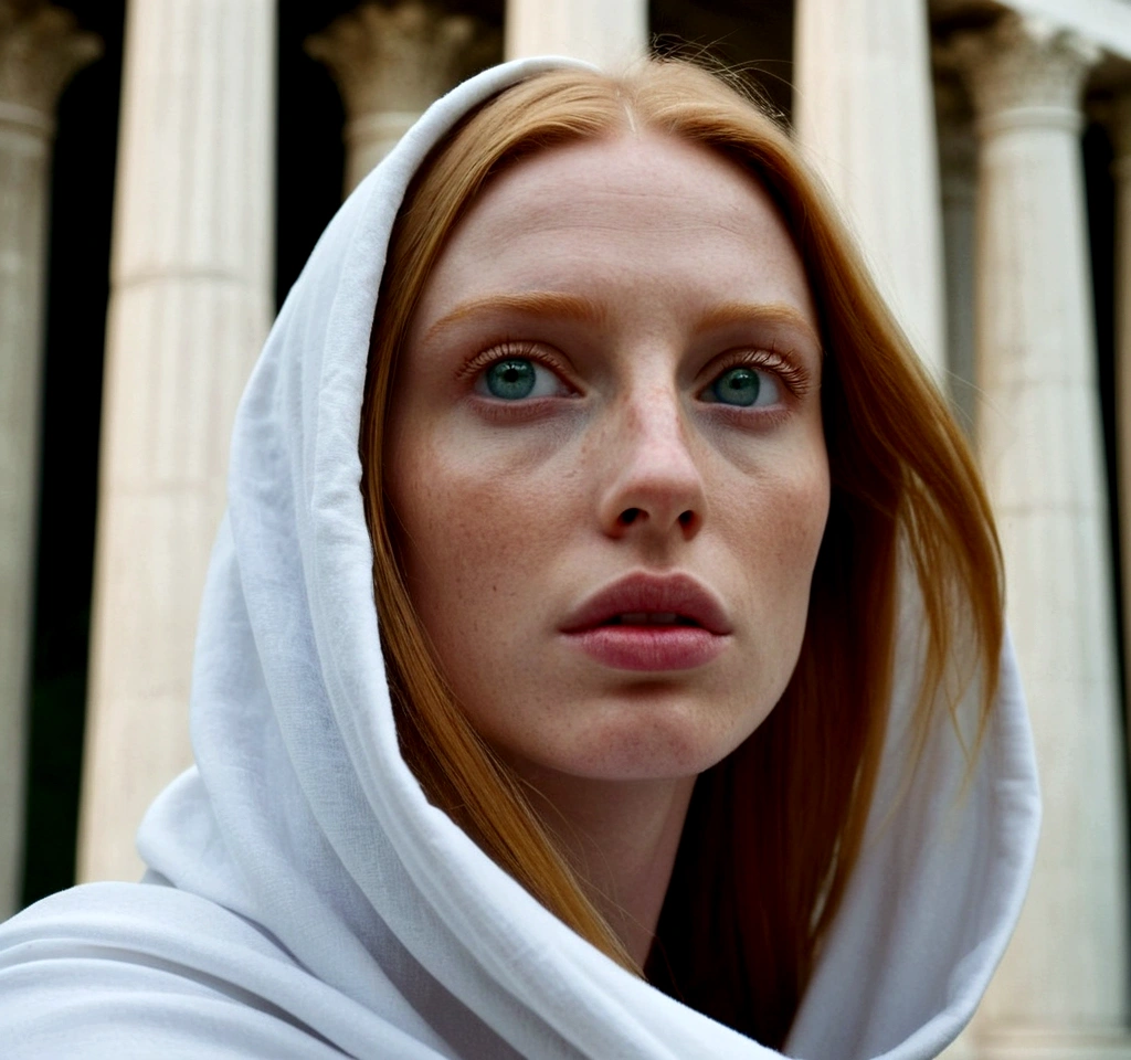 ultra-realistic Close-up shot from the front, portrait photos, windy, a cool smart keen green eye Blonde eyelashes bare-faced rosy fair skin big-boned model with (simple Straight Straight Straight ultra-long ultra-long ultra-long shiny ginger hair) in simple white Draped Cloak over simple white Draped robe. The scene is overgrown Ivy coils around the white marble columns of an ancient Greek temple. soft cinematic foggy lighting, pale blue tone, night.